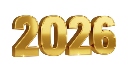 The year 2026 in golden metallic numbers isolated on transparent background