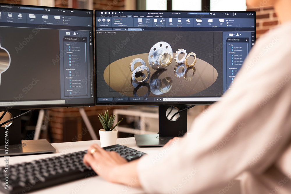 Poster close up of 3d metal component displayed in cad software as female engineer focuses on technical pla
