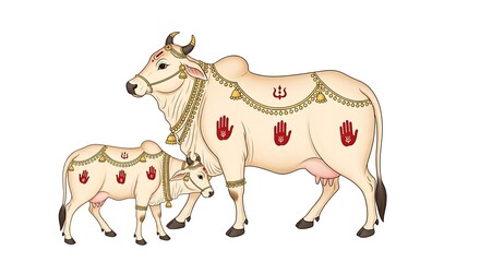 Ornate Cow and Calf in Traditional Indian Style Artwork