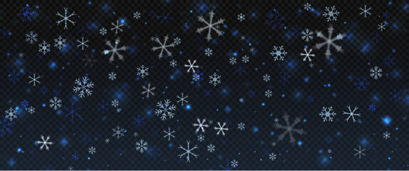 Blue snowflakes falling on transparent background. Christmas overlay with bokeh light effect for decoration, texture, poster, cover, or festive atmosphere.