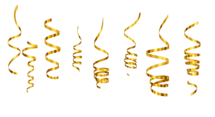 Golden party streamers falling, isolated on transparent background