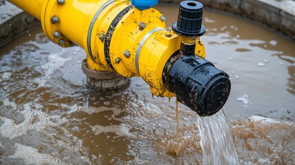 Yellow pipe with valve discharging muddy water into a basin