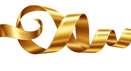 A flowing, elegant golden ribbon curled into a decorative shape, isolated on transparent background
