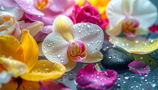 Close-up of vibrant orchids and petals adorned with sparkling water droplets, alongside smooth spa stones, evoking freshness and natural beauty.
