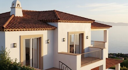 Mediterranean Villa with Terracotta Roof Overlooking the Sea at Sunset