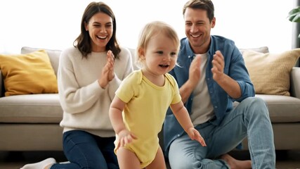 Parents clapping while toddler takes first steps cinematic UHD family parenting lifestyle stock footage. guardian applaud infant initial walk filmic ultra high definition kin raising
