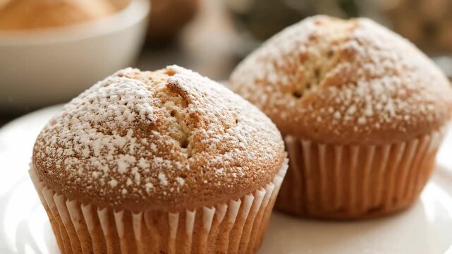 Portuguese bolo de arroz rice muffins dusted sugar cinematic UHD authentic European dessert lifestyle stock footage. lusitanian rice cake powdered confection filmic high