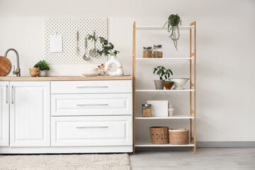 Interior of stylish kitchen with white counters, houseplants and shelving unit