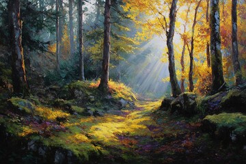 Naklejka premium Golden light streams through a peaceful autumn forest scene with vibrant foliage and mossy ground. High quality
