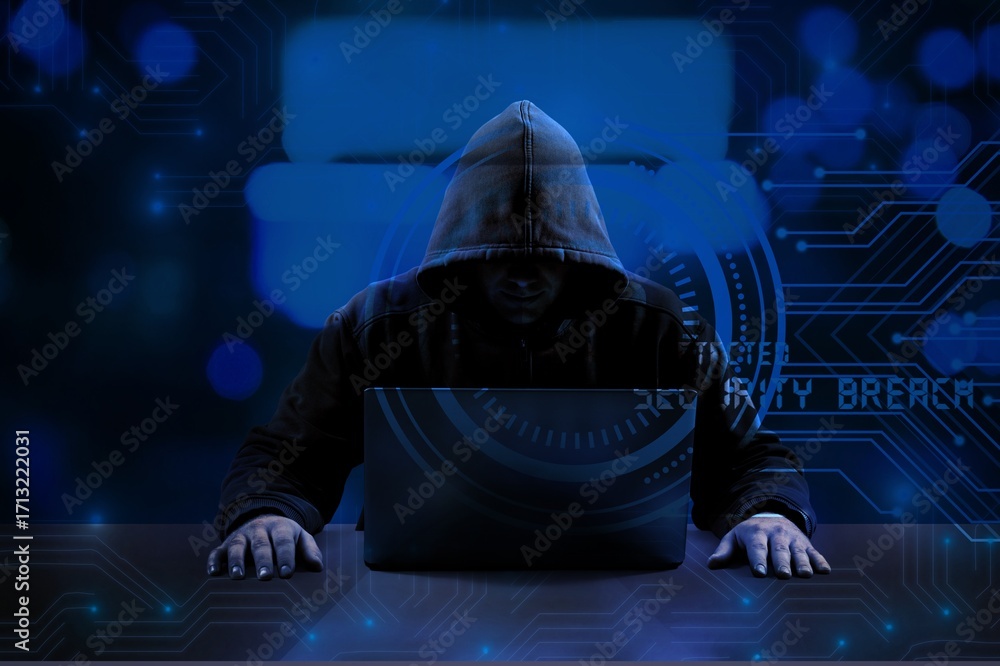 Poster hacker cyber man and computer screen background