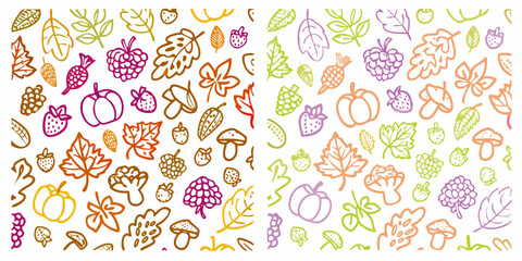 Whimsical hand drawn autumn harvest icons pattern with leaves berries pumpkins and mushrooms