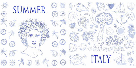 Whimsical hand drawn summer collage with roman bust lemons flowers seashells and sailboats