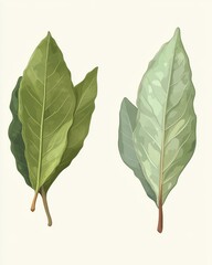 Fototapeta premium A vibrant illustration of fresh green bay leaves, showcasing their rich colors and textures against a light backdrop.
