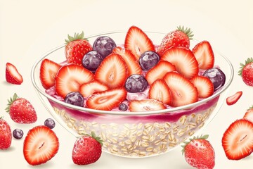 A vibrant bowl filled with fresh strawberries and blueberries atop a layer of oatmeal, displaying a healthy breakfast option.