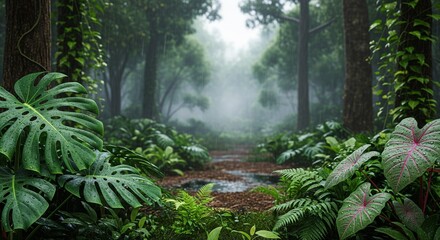 Lush green jungle pathway shrouded in mist, a serene and untouched natural sanctuary bathed in soft, diffused light, evoking a sense of mystery and adventure