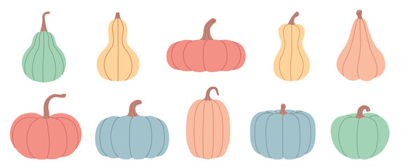 Collection of pastel pumpkins and gourds in flat illustration. Fall Vector Set. For Halloween, Thanksgiving, pattern, banner, packaging, card, autumn, harvest, seasonal, food, kids design. Hand drawn.