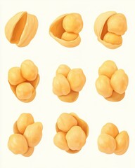 Close-up of abstract yellow blobs resembling potatoes in various groupings and formations against a soft background.