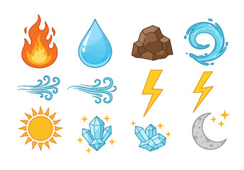 Element symbols include fire water earth air lightning sun crystals and moon icons