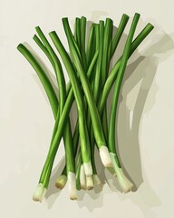 Fresh green onions arranged artfully on a neutral background, showcasing their vibrant color and crisp texture.