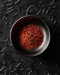 A close-up of vibrant red chili flakes in a black bowl against an elegant textured background.