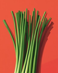 Fresh green chives scattered on a vibrant red background, highlighting the textures and contrasts.