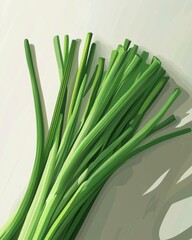 A vibrant bunch of fresh green scallions arranged artfully, showcasing their long, slender stalks and lush color.