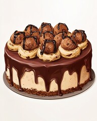 Decadent chocolate chip cookie dough cheesecake topped with rich chocolate ganache and cookie dough balls.