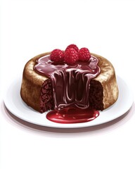 Decadent chocolate lava cake with a rich, gooey center, topped with fresh raspberries for a sweet finish.