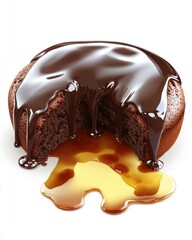 A deliciously rich chocolate lava cake with gooey caramel overflowing, creating an enticing dessert experience.