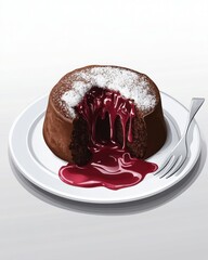 Decadent chocolate lava cake bursting with rich berry sauce, garnished with powdered sugar, presented on a white plate.