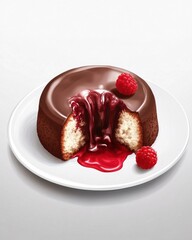 Decadent chocolate lava cake with a raspberry coulis oozing out, beautifully garnished with fresh raspberries.