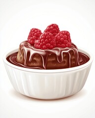 Delicious chocolate pudding topped with fresh raspberries in a white bowl.