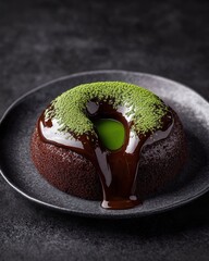 Decadent chocolate dessert drizzled with glossy chocolate and adorned with matcha green tea powder.