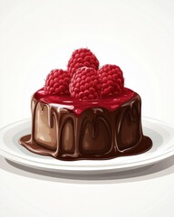Decadent chocolate cake topped with fresh raspberries, beautifully presented on a white plate.