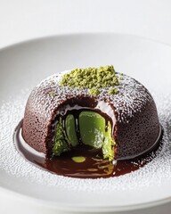 Decadent dessert: a molten chocolate lava cake with a vibrant green pistachio center, garnished with powdered sugar.