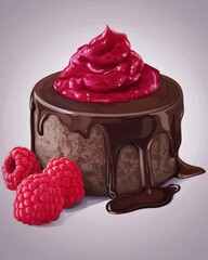 Delicious chocolate cake topped with raspberry sauce and fresh raspberries, perfect for dessert lovers.