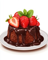 Decadent chocolate lava cake topped with fresh strawberries and mint, served on a white plate.