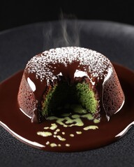 Decadent chocolate lava cake with matcha center, elegantly plated and drizzled with rich chocolate sauce.