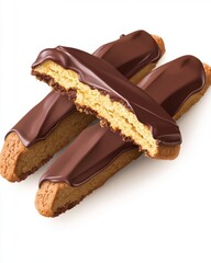 Delicious chocolate-covered biscotti stacked together, showcasing a rich filling and crisp texture.