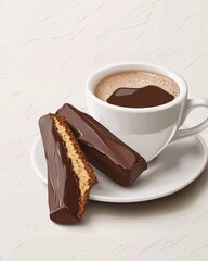 A cozy scene featuring a cup of hot chocolate with two chocolate-covered biscuits on a plate.