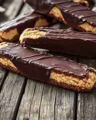 Delicious chocolate-covered biscuits resting on a rustic wooden table, inviting indulgence with their crispy texture.
