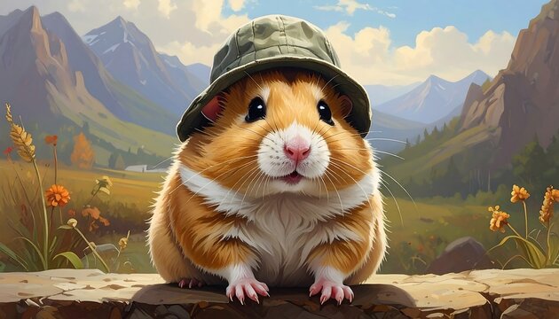A charming hamster wearing a hat sits atop a rock, gazing out at a picturesque landscape of mountains and fields.