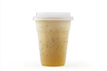 A refreshing iced tea drink served in a clear cup, featuring lavender petals and a smooth golden hue.
