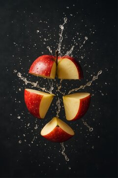 Trozoz de manzana flotando en el aie y agua