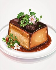 A beautifully plated dessert featuring a creamy caramel pudding topped with fresh herbs and edible flowers.