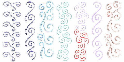 Collection of hand drawn swirling decorative elements in various colors and styles