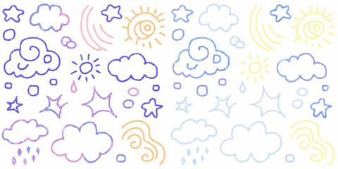 Whimsical hand drawn weather icons and symbols with pastel colors on white background