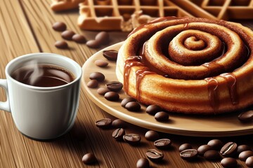Delicious coffee with a cinnamon roll and waffles on a wooden table, perfect for a cozy breakfast setting.