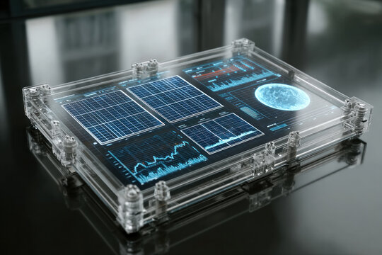 A clear acrylic enclosure houses a futuristic blue holographic interface with solar panels and digital graphs, creating a sleek science fiction tech centerpiece.