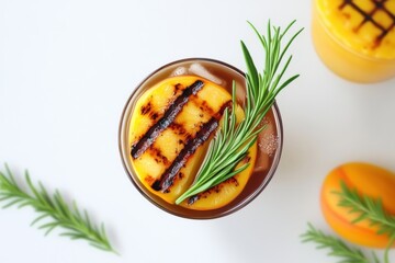 A refreshing cocktail with grilled pineapple and rosemary, showcasing vibrant colors and a tropical vibe.